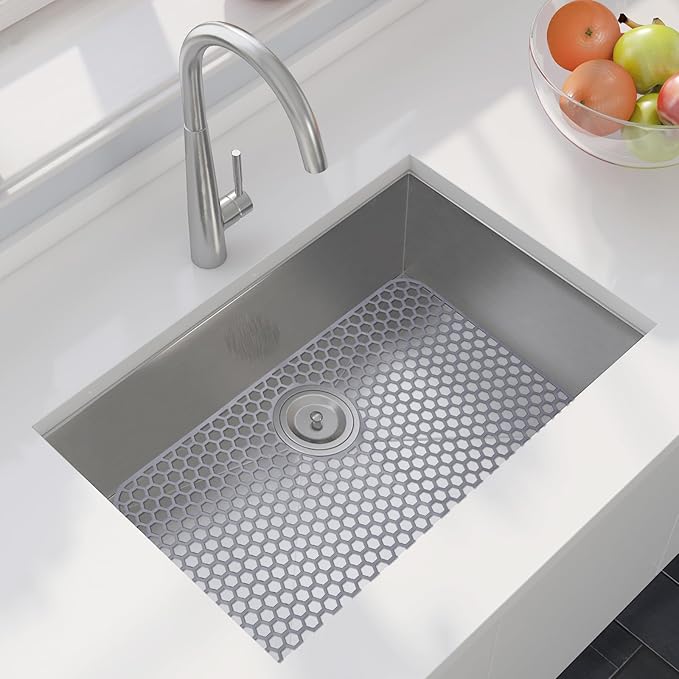 Silicone Sink Mat 25.78"x 14" Heat Resistant Sink Protectors for Kitchen Sink Bottom, Non-Slip Faucet Mat for Stainless Steel（Rear Drain）