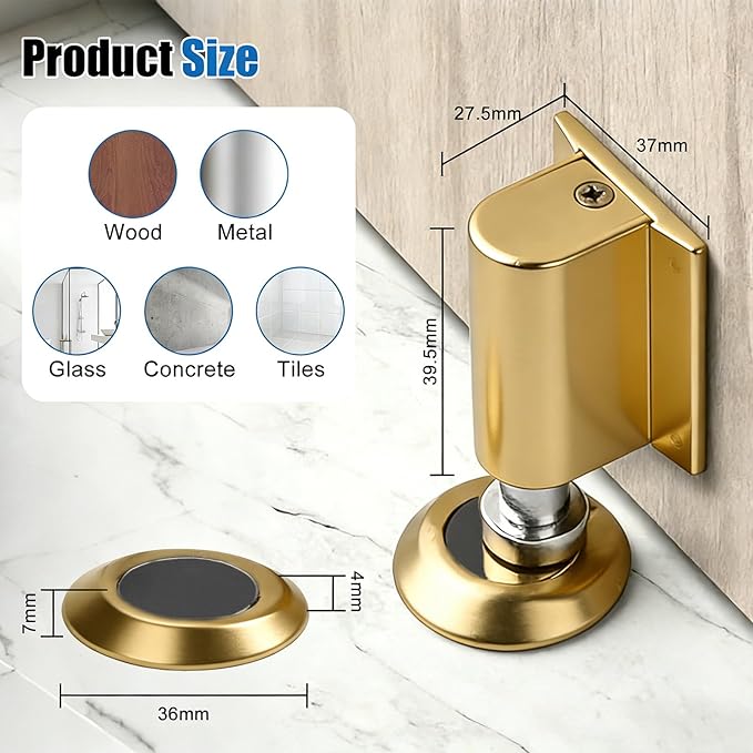 Upgraded Magnetic Door Stoppers, Retractable Bottom Door Holder, No-Drill Invisible Doorstops, Heavy-Duty Windproof Doors Wedge Stopper with Screws and Adhesive Pads (Brushed Gold)