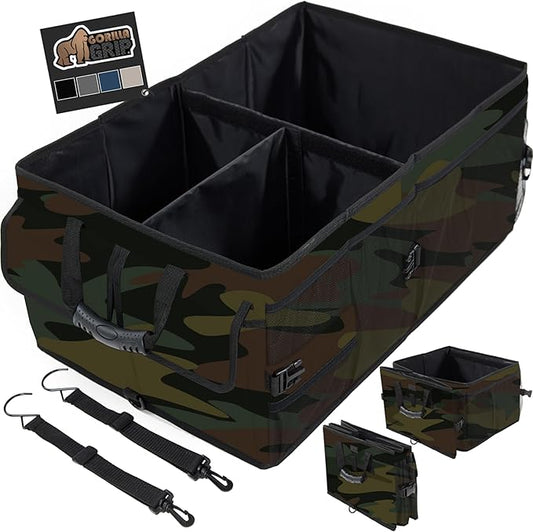 GORILLA GRIP Large Capacity Sturdy Trunk Storage Organizer, Slip and Water Resistant Collapsible Organization Container for Car Sedan or SUV, Multi Compartment Box Vehicle Accessories, Camo
