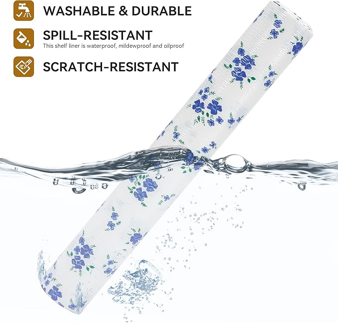 RAY STAR Shelf Liner, Non-Adhesive Blue Floral Kitchen Cabinet Liner for Pantry Drawer Vanity, Strong Grip Non-Slip, Shelf Liners for Cupboard 18 Inch x 8 FT (6 Rolls) Signature Delivery