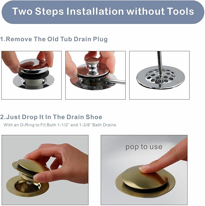 Gold Brushed Tub Drain Stopper, Universal Pop Up Bath Drain Plug Bathtub Drain Stopper, Hidrop Conversion Kit Assembly, Replaces Lift and Turn, Tip-Toe Plug Stopper for Tub, EZ Install (Gold Brushed)