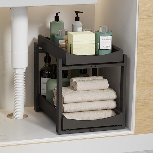 Wisuce Essentials Bamboo Under Sink Organizer Adjustable Height 2 Tier Bathroom Organizer Pull Out Cabinet Storage Kitchen Heave Duty Wood Slide Ou Shelf for Kitchen Bathroom (Black, 1 Pack)