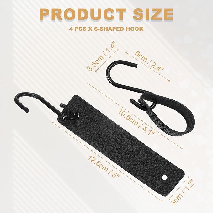 uxcell 4 Pcs PU Leather S Hooks, Multifunctional S Shaped Hooks for Hanging Coat Towel Camping Kitchen Bathroom Handle, Black