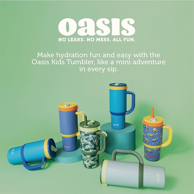 Ello Oasis 14oz Stainless Steel Toddler Tumbler with Handle & Retracting Straw, 100% Leakproof, Double-Wall Vacuum Insulated, Kids Water Bottle for School, BPA Free, Dishwasher Safe, Construction