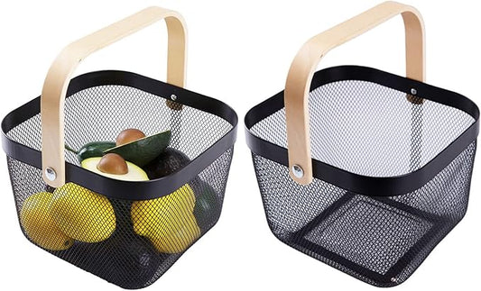 IBWell Square Metal Wire Woven Fruit Storage Bowl Basket with Wooden Handle, Large Black Mesh Fruit Stand, Multi-function Hanging Kitchen Baskets (Black, Nomal 2PCS)
