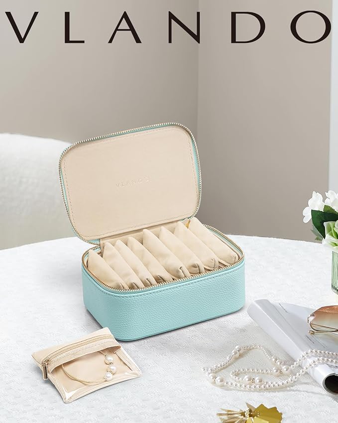 Vlando Jewelry Travel Case,Travel Jewelry Organizer with Clear Velvet Jewelry Bags 8Pcs Zipper Pouch for Women Girl GiftLake Blue