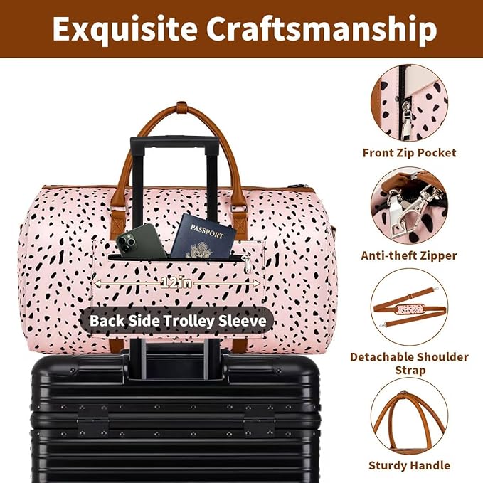 Convertible Garment Duffle Bags for Travel - Carry On Garment Bags With Toiletry Bag, Large Weekender Bags for Women Men 2 in 1 Hanging Suitcase Suit Travel Duffel Bags (Pink Leopard)