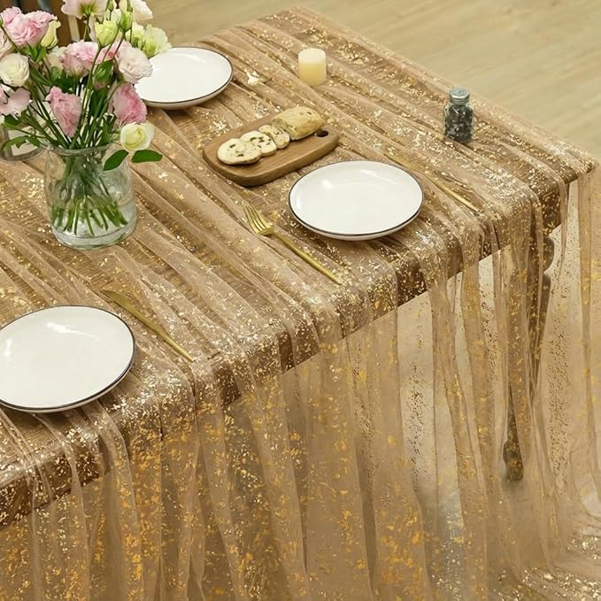 Horaldaily Coffee Gold Gauze Tablecloth 60x84 Inch Rectangular, Golden Sequin Glitter Metallic Foil, Sheer Tulle Cheesecloth for Wedding Baby Shower Ceremony Birthday