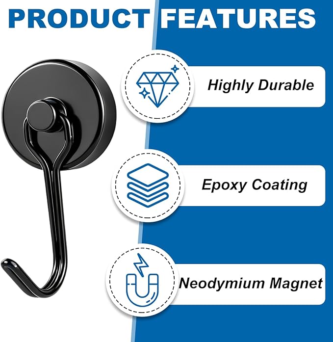E BAVITE Magnetic Hooks, 40lbs+ Magnet Hook 2026 Cruise Cabin Ship Essentials Heavy Duty Strong Magnets Refrigerator Fridge Hanging for Classroom Beach Vacation Kitchen Grills Home 6pcs (Black)