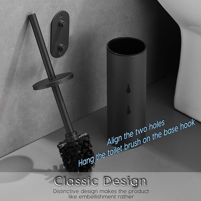 Toilet Bowl Brush and Holder, 304 Stainless Steel No-Punch Hook Base Dual-Purpose Toilet Brush Holder with Removable Inner Bucket and Splash Cover - Soft Bristles (Black)