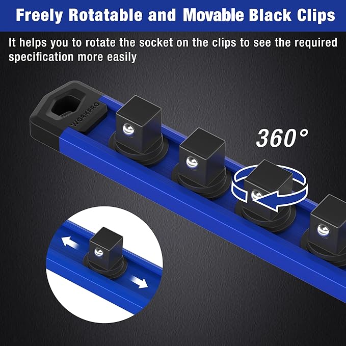 WORKPRO Magnetic Socket Organizer, 3/8-Inch Drive Aluminum Alloy Socket Rail, Heavy Duty Socket Holder, Socket Rack Kit 3/8-Inch x 10 Clips (Blue)