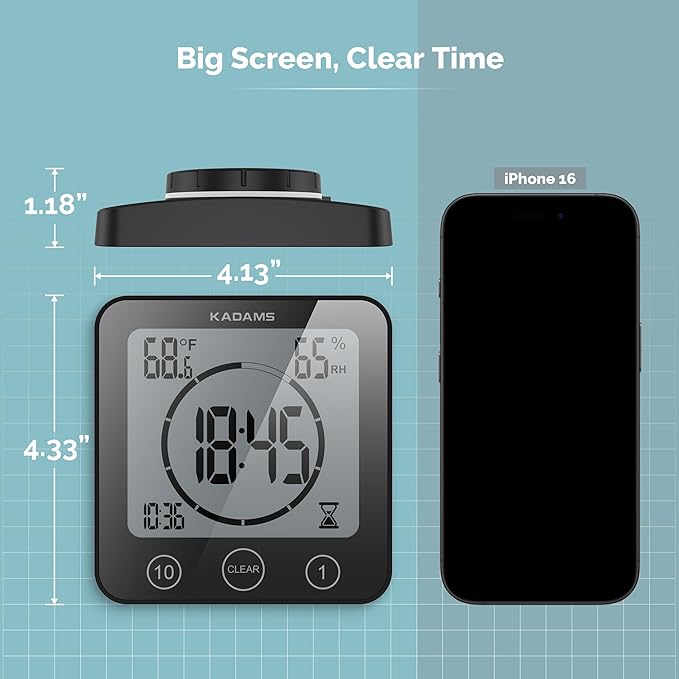 KADAMS Shower Clock Waterproof Bathroom Timer – Digital Wall Clock with Countdown, Magnetic Kitchen Clock with Temperature & Humidity, Suction Cup for Kids Shower Spa Sauna Cook Bath (Black)