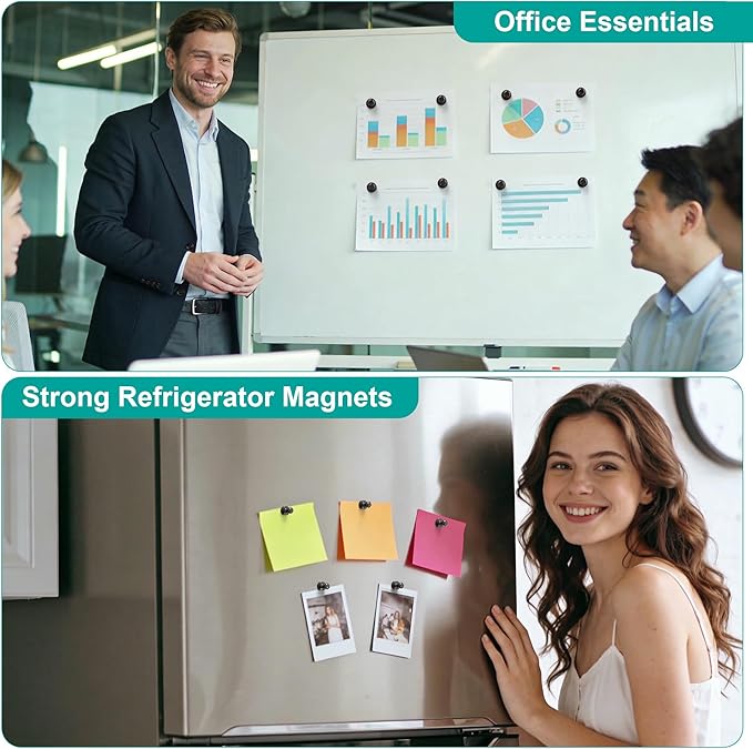 Metallic Magnets, Refrigerator Magnets, 48 Pack Black Magnetic Push Pins, Strong Fridge Magnets, Multi-use Whiteboard Magnets Perfect for Kitchen Office Classroom