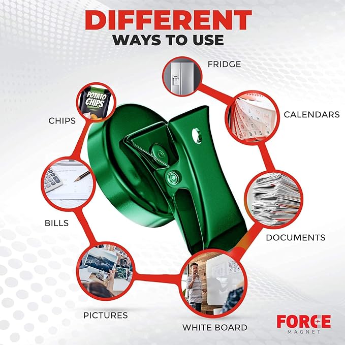 Force Magnet- Magnetic Clips Pack of 10 - Heavy Duty Refrigerator Metal Chip Clips with Anti Scratch Pads, Strong Magnet Clips for Whiteboard Fridge Home Office School Use (Green)