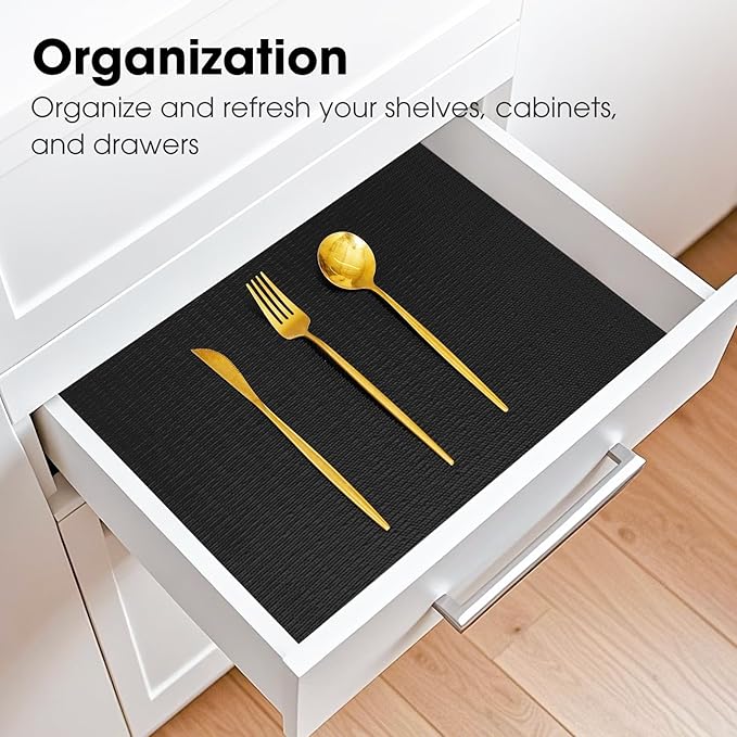 Drawer and Shelf Liner, Non-Slip Kitchen Cabinet Liners Non-Adhesive Thick Strong Grip Waterproof Washable Mats Protect Dresser Shelves Cupboard Bathroom Cabinets, Black, 24 in X 10 FT