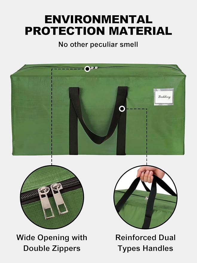 HOMESURE Supports 200lbs Heavy Duty Moving Bags - Strong Zipper & Wrap-Around Handles - Water-Resistant Storage Totes, Durable Alternative to Moving Boxes - 4 Pack - Olive Green