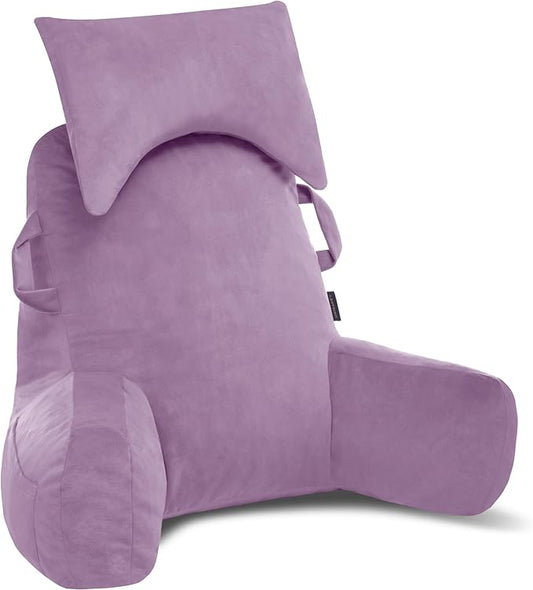 Portable Reading Pillows with Headrest for Bed Sitting Up(Lavender Purple Oeko-Tex), Velvet Back Pillow with Arms & Pockets for Adults, Support Memory Foam Bed Pillow for Dorm/Reading/Gaming