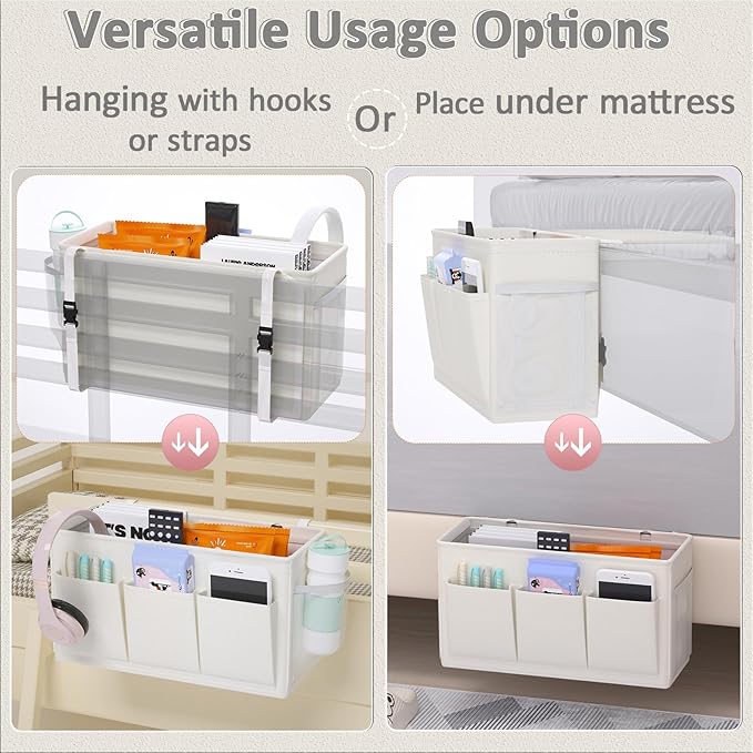 Dual-purpose Bedside Caddy Bedside Organizer, Bed Caddy with 6 Pockets, Versatile Bedside Storage Solution Magazine Remotes holder, ideal for Home, Dorm, Hospital, Crib Bed (White)