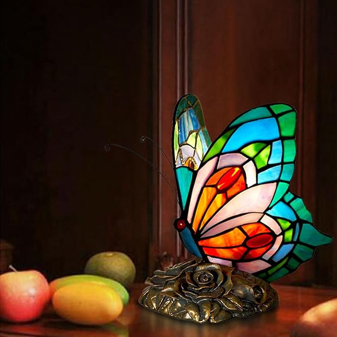 Bedside Table Lamp LED Tiffany Blue Fairy Butterfly Nightstand Table Lamps Stained Glass Shade ON Off Switch Home Office Desk Lamp Night Light Girl Grandma Mothers Day Gifts W/Gift Box