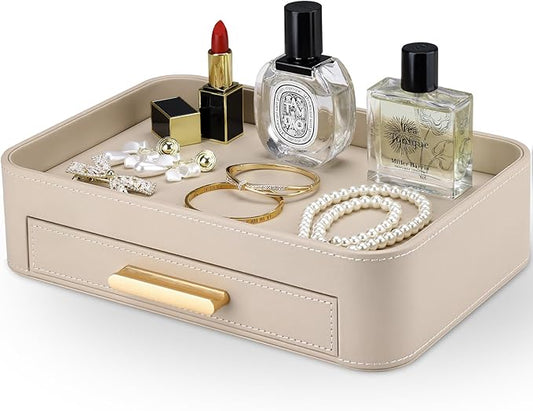 GORESE Valet Jewelry Tray Nightstand Organizer with Drawer, PU Leather Perfume Tray Trinket Trays for Vanity Bathroom Entryway, Catchall Trays for Key Purse Watch Cologne, Gift for Women Men, Beige