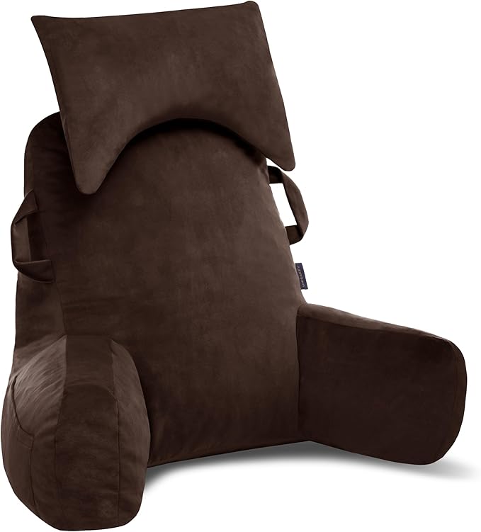 Portable Reading Pillows with Headrest for Bed Sitting Up(Brown Oeko-Tex), Velvet Back Pillow with Arms & Pockets for Adults, Support Memory Foam Bed Pillow for Dorm/Reading/Watching/Gaming