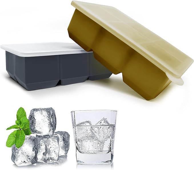 Silicone Ice Cube Trays with Lids, Large Square Ice Cube Molds for Freezer, Whiskey, Cocktail, Stackable Flexible and Reusable & Easy Release BPA Free (2 Pack&Dark Gray and Army green)