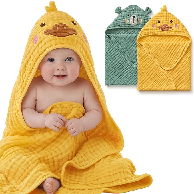 Blissful Diary Muslin Baby Hooded Towel 2 Pack, Soft & Absorbent Bath Towel for Infant, Toddler, Unisex, Baby Gift, Newborn Essentials, Smart Bear & Sunny Duck