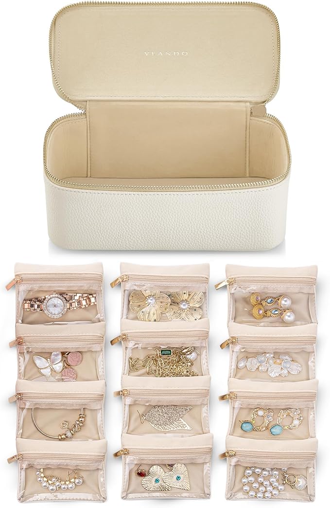 Vlando Travel Jewelry Case, Jewelry Box with 12 Velvet Jewelry Pouches, Jewelry Travel Organizer for Women and Girls, Jewelry Case, Necklace, Rings, Earrings Bags, Wedding Gifts (White)
