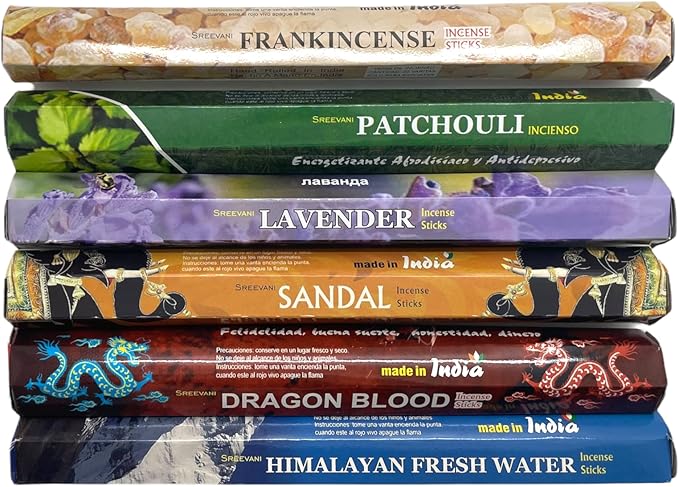 Sreevani Incense Sticks Variety Pack #1 and Incense Stick Holder Bundle Gift Set with 6 Best Fragrances