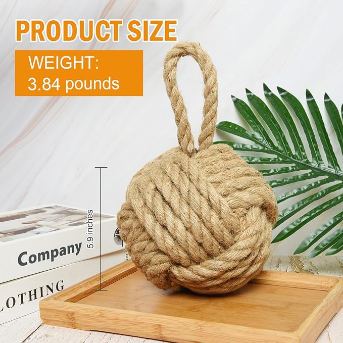 Decorative Door Stoppers Rope Knot Nautical Weighted Decorative Door Stop, Heavy Duty Doorstopper Cute Doorstop for Window Wedge, Bookend 5.9 inch (Natural Jute)