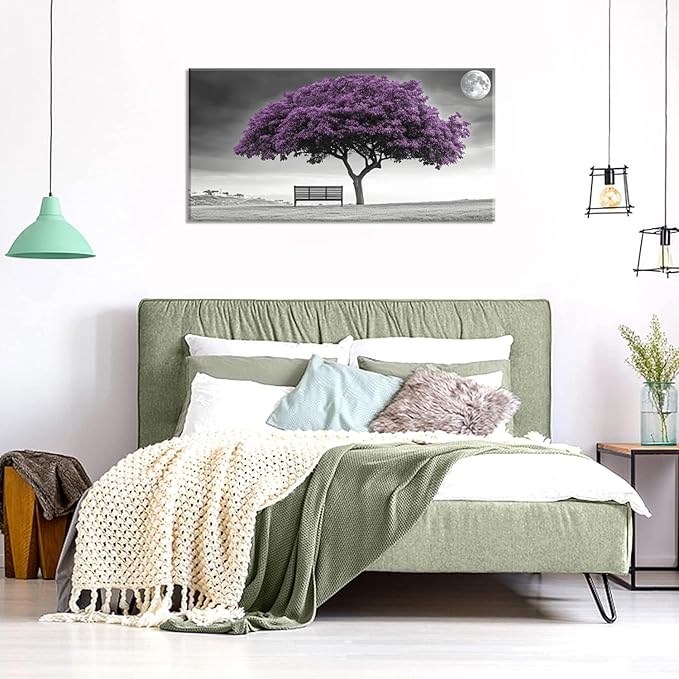 ZESTRILIA Country Purple Tree Wall Art for Living Room Office Violet Gray Moon Canvas Painting Prints Artwork Dining Bedroom Decor (30x16 Inches)
