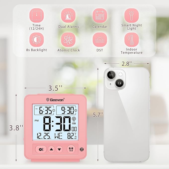 Geevon Small Digital Atomic Alarm Clock for Bedroom, Travel Table Clock with Auto/8s Backlight, 2 Alarm, Temperature, Desk Clock Battery Operated for Deep Sleepers Kids Elderly Home Office, Pink