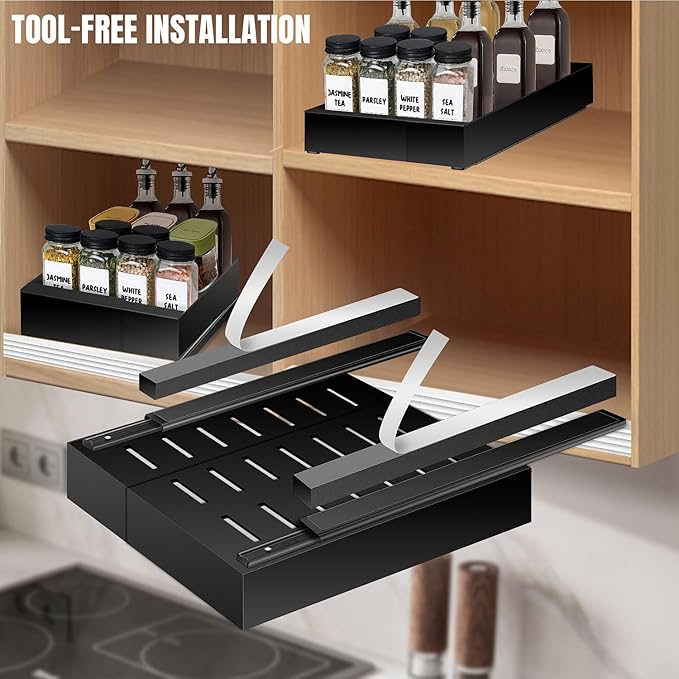 Pull Out Spice Rack Organization for Cabinet, Slide Out Expandable Spice Organizer, Adjustable Spice Cabinet Organizers, Cabinet Size Need: 2.4" Highx10.6" Deepx(6" to 8.2")Wide, Hold 20 Spice Jar