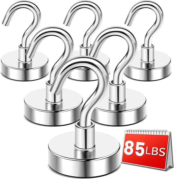 DIYMAG Magnetic Hooks Heavy Duty, 85 LBS Neodymium Magnet Hooks for Cabins, Kitchen, Workplace, Office, Garage and Indoor Hanging, Silver, Pack of 6