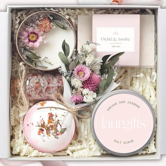 Orchid & Jasmine Spa Box for Women – Birthday, Christmas & Pink Gifts, Self Care & Relaxation Set with Candle, Soap & Bath Salts – Elegant Ready-to-Give Package for Mom, Sister, or Friend