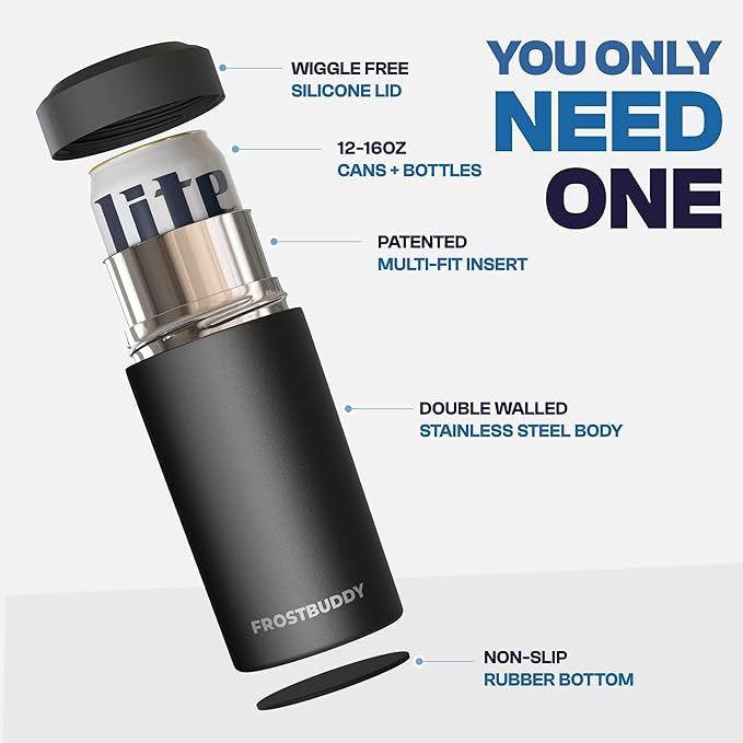 Frost Buddy Universal Can Cooler - Fits all - Stainless Steel Can Cooler for 12 oz & 16 oz Regular or Slim Cans & Bottles - Stainless Steel (Diamond Plate - Silver)