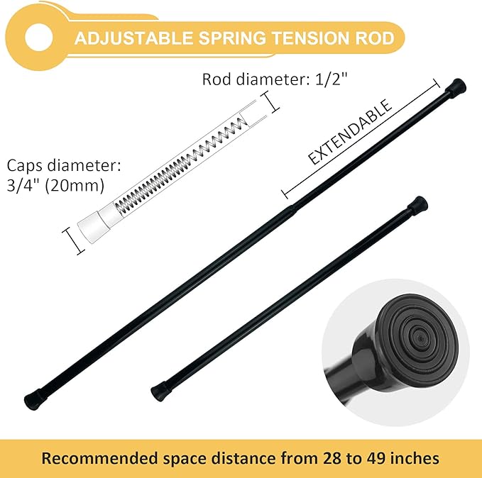 KXLife 3Pcs Spring Tension Curtain Rod 28 to 49 Inch Cupboard Bars Tensions Rod Spring Loaded Curtain Rods，Adjustable Length for Kitchen, Bathroom, Cupboard, Wardrobe, Window, Bookshelf, Black