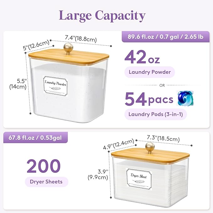 Lifewit Large Laundry Pods Container& Dryer Sheet Holder, Plastic Detergent Dispenser, Laundry Room Organization Storage Jars for Powder, Soap, Scent Booster Beads,Bamboo Lid,0.53+0.7 gal,3 Pcs