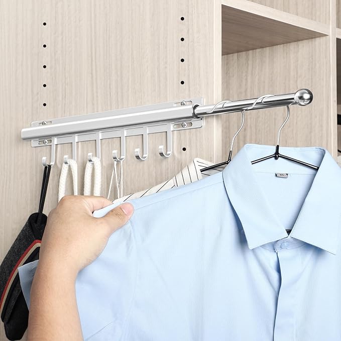 16.5 inch Valet Rod for Closets Pull Out Closet Valet Rod Slide Out Extra Long Silvery Valet Rods for Closets With 6 Hooks