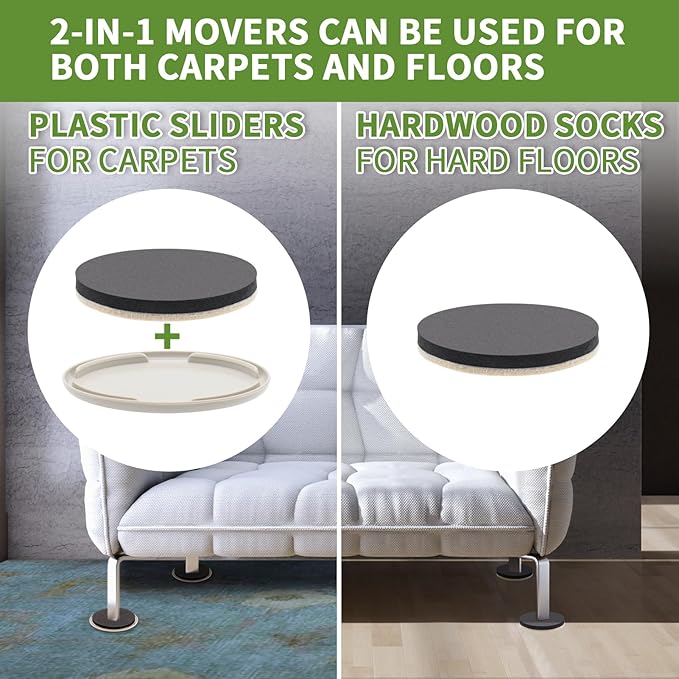 COVERCORNER Furniture Sliders 8 PCS - 2-in-1, 3.5-inch or 4-inch - Furniture Sliders for Carpet & Hardwood Floors! Furniture Movers Sliders & Sliders for Moving Furniture Easily & Safely!