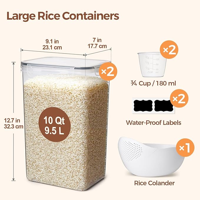 ComSaf Rice Container Set of 2 (9.5L/10Qt), Large Airtight Food Storage Containers with Lid and Rice Washer, Plastic Canister Sets for the Kitchen, Pantry Organizers for Flour, Cereal, and Cooking