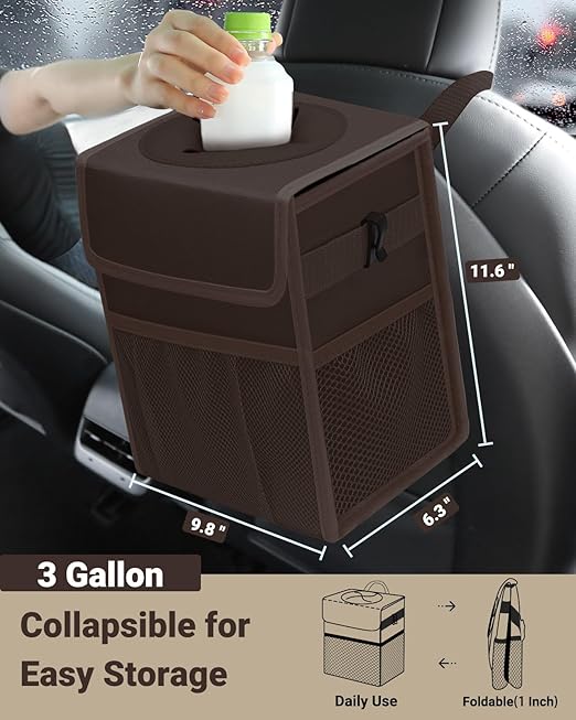 Capolo Car Trash Can with Lid, Leakproof Car Trash Bag Hanging Waterproof Automotive Garbage Can with Storage Pockets Mini Vehicle Trash Bin for Back/Front Seat(Brown,3 Gallon)
