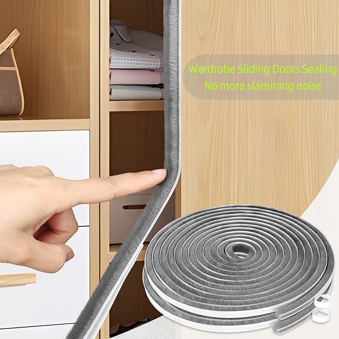 2Pack MILEQEE Door Brush Seal, 66Feet Total, Felt Pile Weather Stripping for Doors, Weather Strip for Windows Cabinet, Self Adhesive Draft Blocker, Dust Stopper Sliding Door Seal Winter, Grey 20m