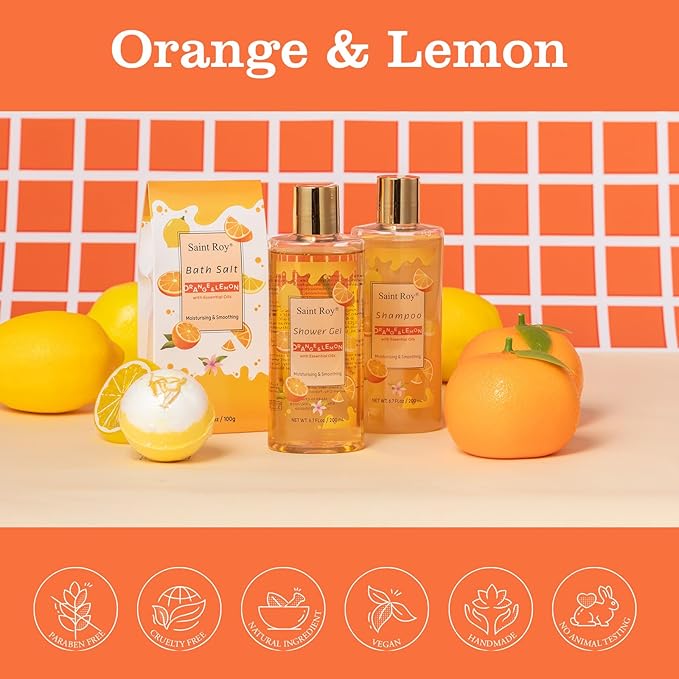 Orange Scents spa gift set Great Gift Lemon Spa Gifts for girls, Body care Set Birthday Gifts, Gift Baskets for Woman, 11pcs Bath Gift Set for Women, Christmas Gifts for Women Citrus Spa Gift Basket