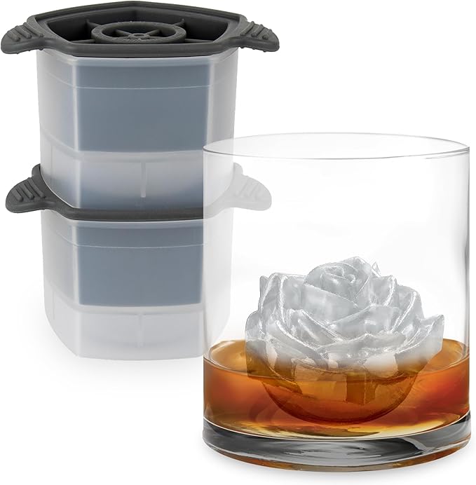 Tovolo Rose Ice Cube Mold Pack of 2 Large Craft Ice Molds for Cocktails Mimosas Whiskey Bourbon, Easy Fill No Leak Silicone 3D Rose Shape Ice Cube Romantic Gift for Adults Dishwasher Safe BPA Free