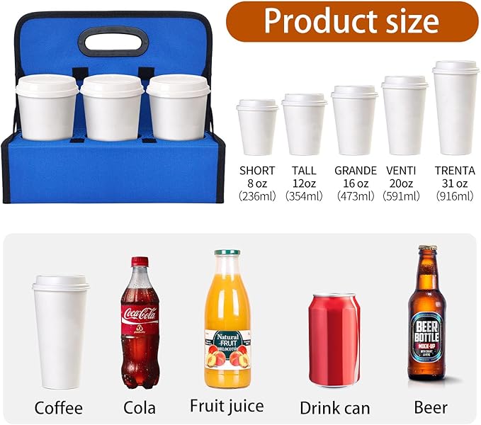 Drink Caddy, Portable 6-Cup Drink Carrier with Handle - Reusable & Foldable Cup Holder for Coffee, Wine, Cocktails | Secures Hot & Cold Beverages for Delivery, Takeout, Catering & Parties (Blue)