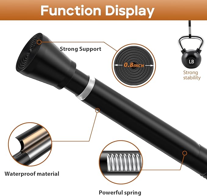 Spring Tension Curtain Rod for Windows 45 to 77 inch Black Long Tension rod Adjustable Spring Curtain Rods No Drilling Short Tension Rod for Kitchen, Closet, Bathroom, Bookshelf