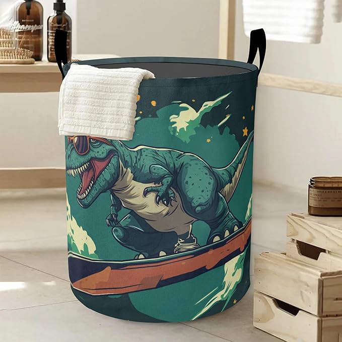 Cute Tyrannosaurus Rex Laundry Basket - Large Foldable Hamper Holder Portable Tall Collapsible Laundry Hamper Storage Basket Bin with Handles, Canvas & Waterproof Lining for Household Items