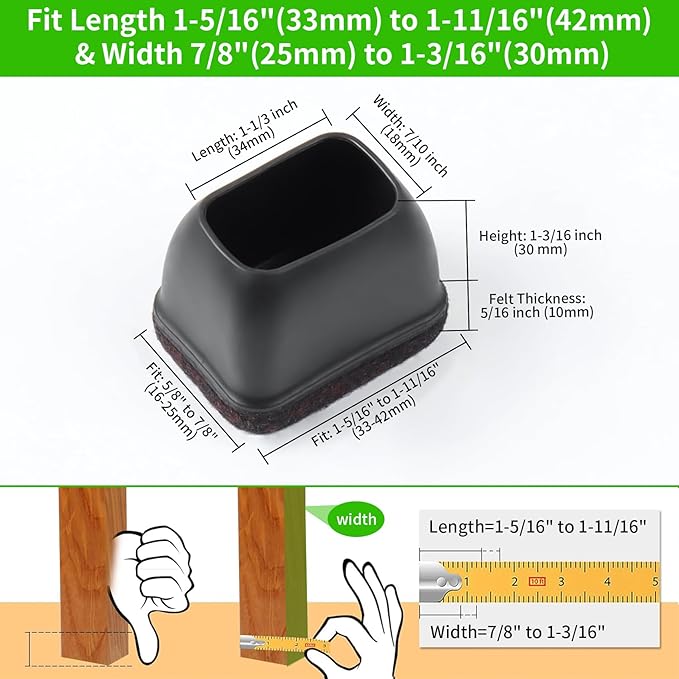 8PCS Felt Chair Leg Floor Protectors Rectangular Chair Leg Caps for Bed Chair Furniture Leg Protectors, Black Bar Stool Floor Protectors for Hardwood Floors, Fit Length 1.3"-1.7", Width 0.9"-1.2"