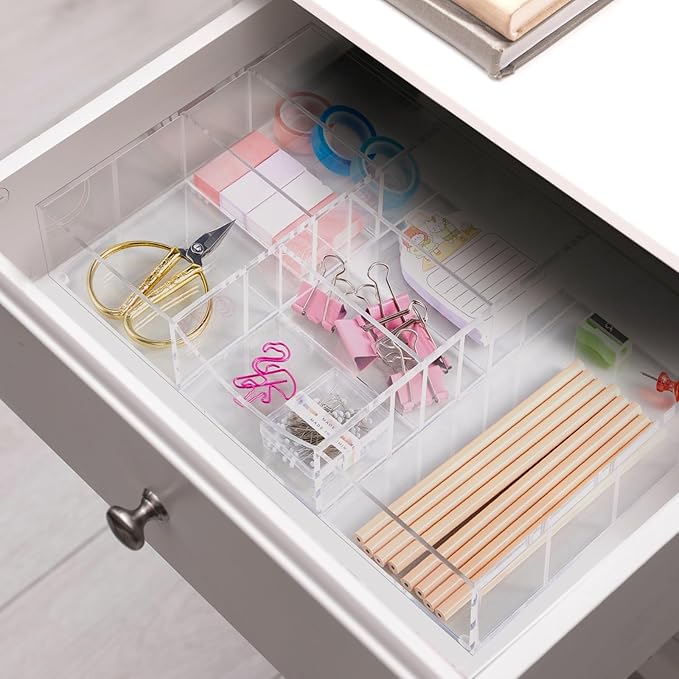 Briwooody Acrylic Drawer Organizer Clear Desk Drawer Organizer Trays with Adjustable Compartments Desk Accessories for Office Stationery Makeup Silverware Bathroom (Non-Expandable)